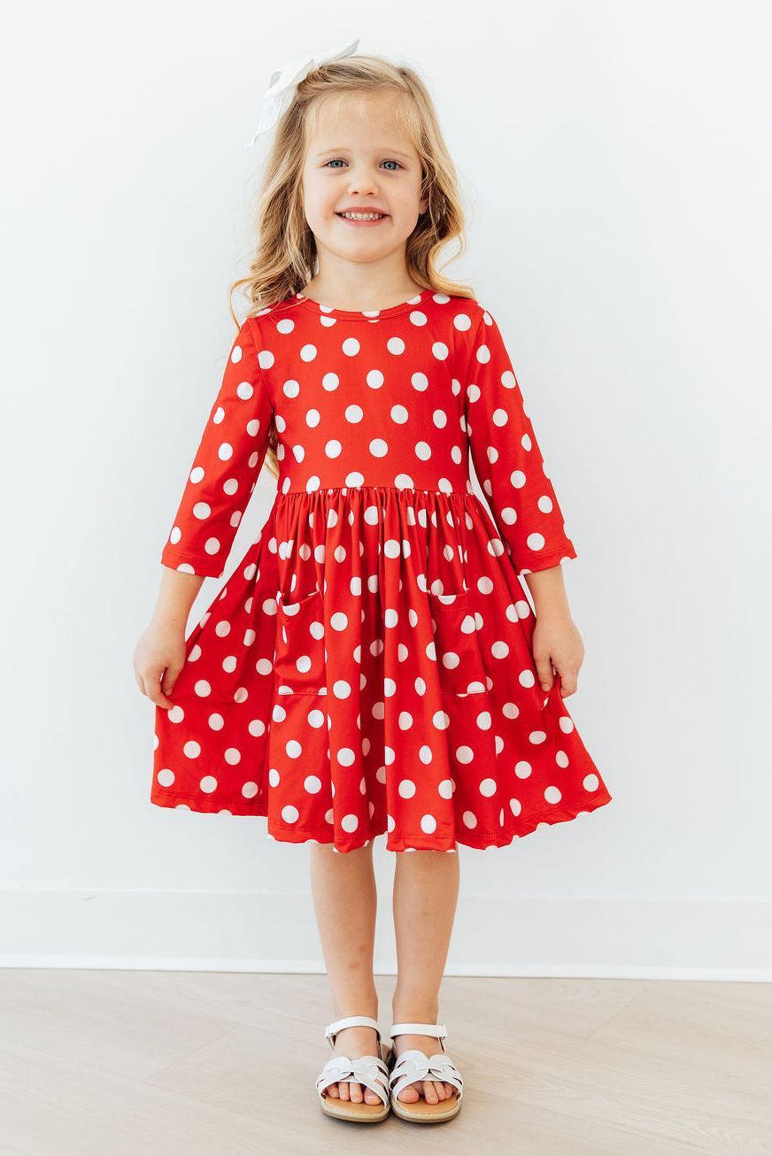 Red Polka Dots 3/4 Sleeve Pocket Twirl Dress - Aaria Tees Aaria Tees