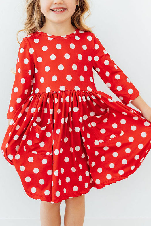 Red Polka Dots 3/4 Sleeve Pocket Twirl Dress - Aaria Tees Aaria Tees