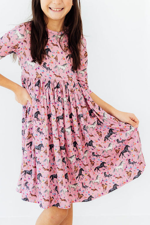 Petals & Ponies 3/4 Sleeve Pocket Twirl Dress - Aaria Tees Aaria Tees