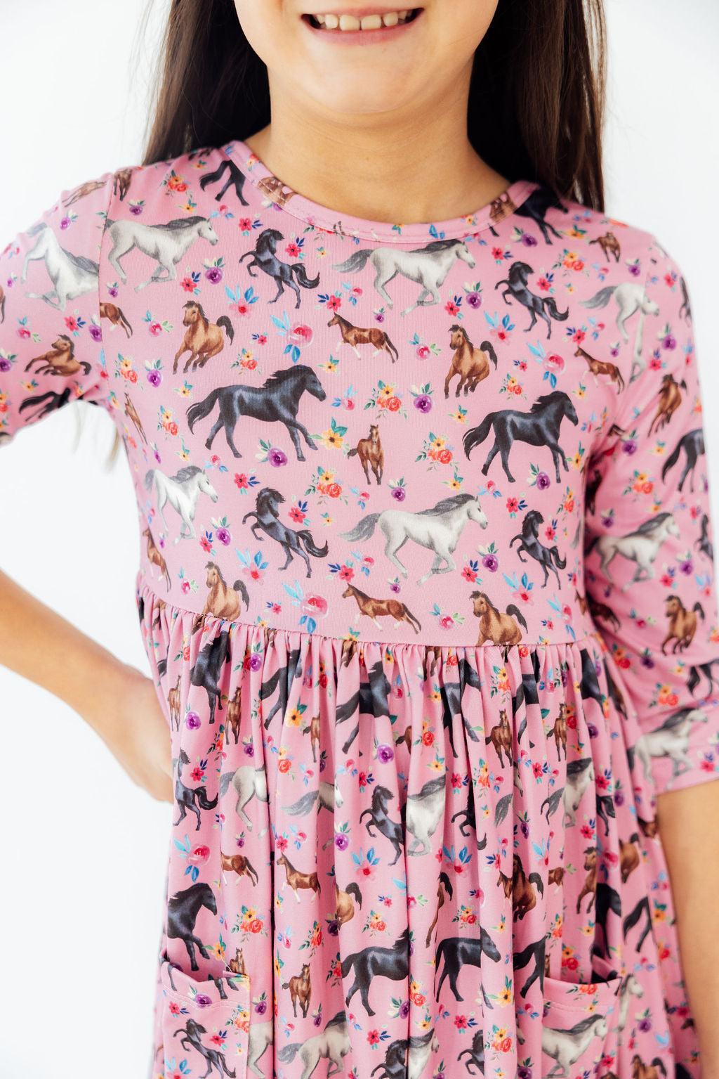 Petals & Ponies 3/4 Sleeve Pocket Twirl Dress - Aaria Tees Aaria Tees