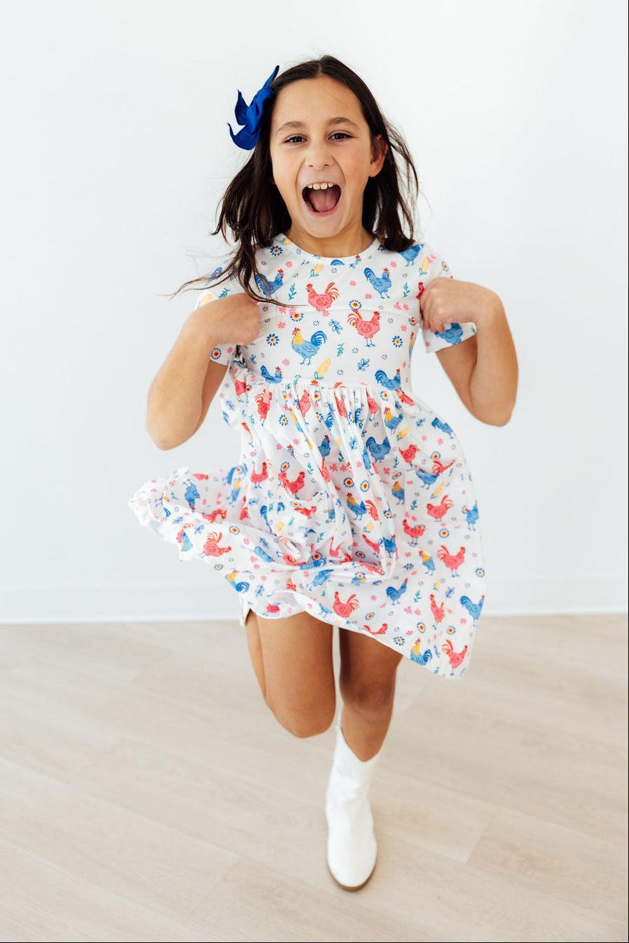 Rainbow Roosters S/S Pocket Twirl Dress - Aaria Tees Aaria Tees