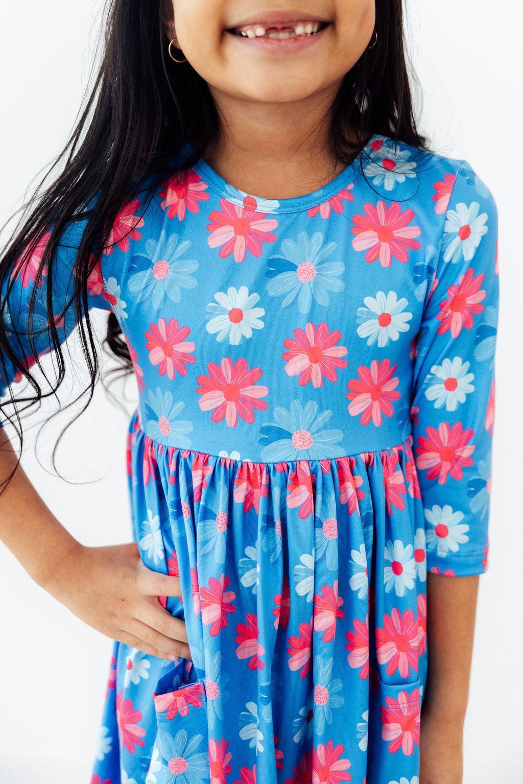 Cotton Candy Daisy 3/4 Sleeve Pocket Twirl Dress - Aaria Tees Aaria Tees