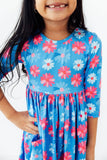Cotton Candy Daisy 3/4 Sleeve Pocket Twirl Dress - Aaria Tees Aaria Tees
