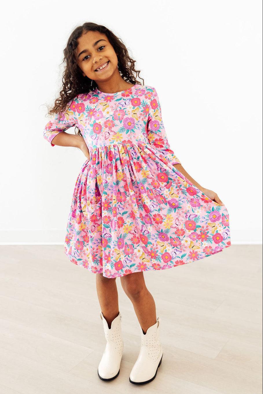 Fluttering Garden 3/4 Sleeve Pocket Twirl Dress - Aaria Tees Aaria Tees