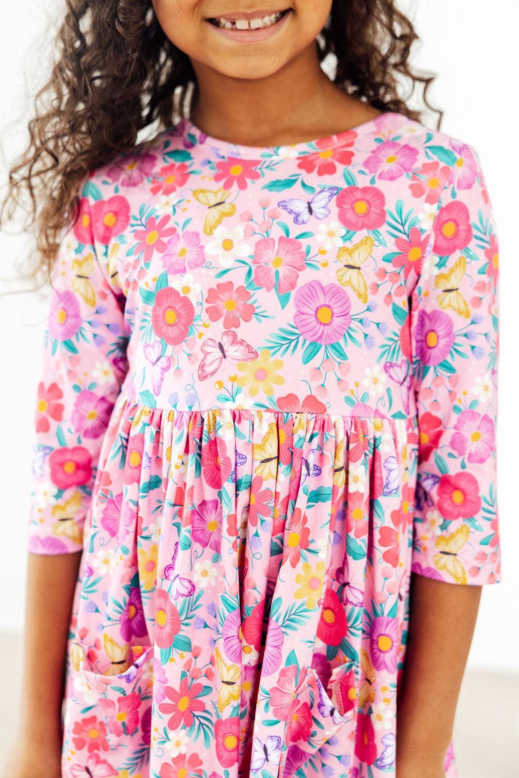 Fluttering Garden 3/4 Sleeve Pocket Twirl Dress - Aaria Tees