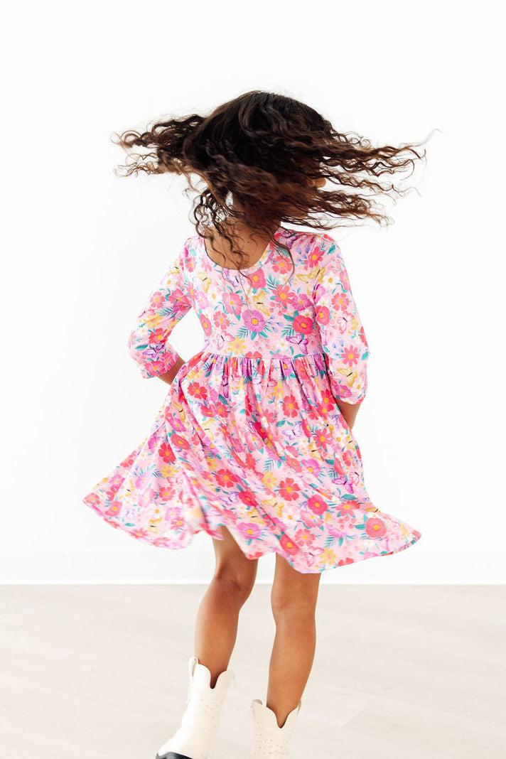 Fluttering Garden 3/4 Sleeve Pocket Twirl Dress - Aaria Tees Aaria Tees