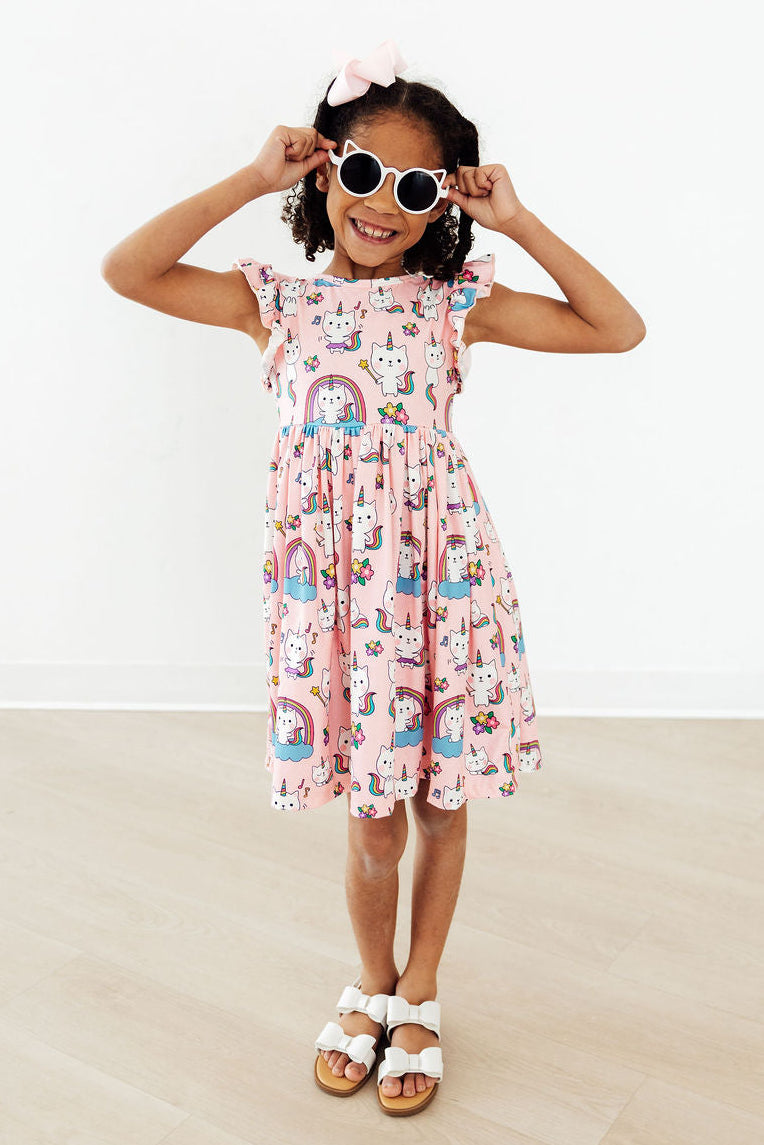 Rainbow Purr-fection Flutter Sleeve Twirl Dress - Aaria Tees Aaria Tees