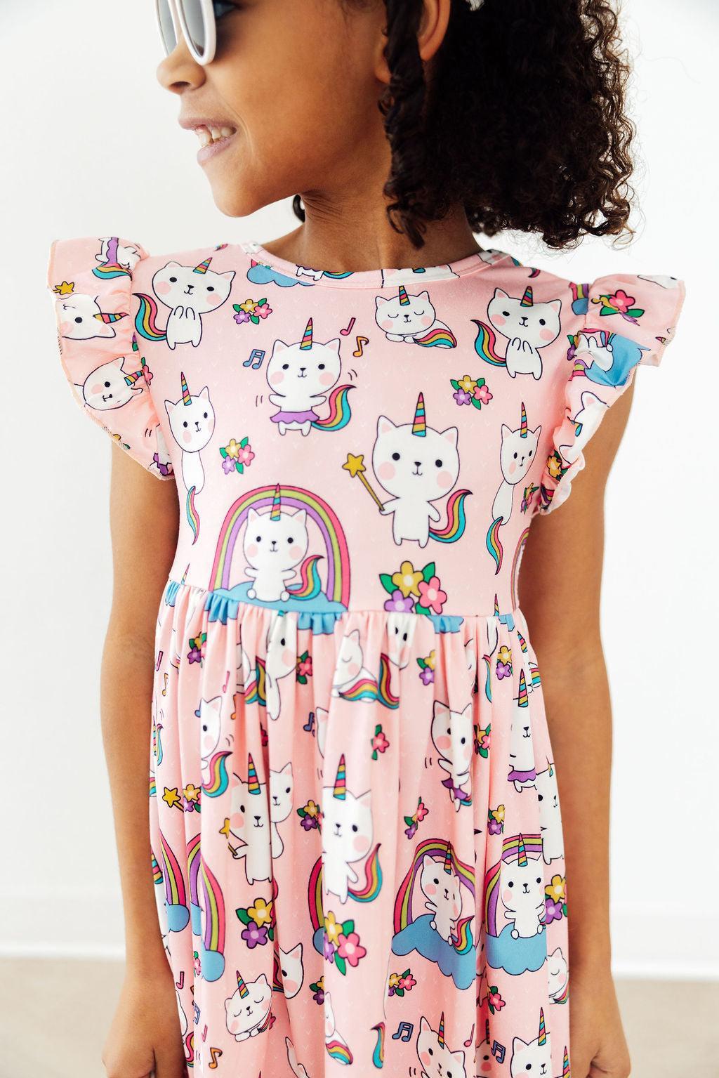 Rainbow Purr-fection Flutter Sleeve Twirl Dress - Aaria Tees