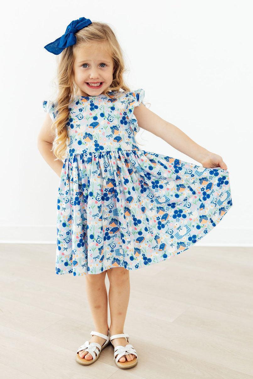 Blueberry Picnic Flutter Sleeve Twirl Dress - Aaria Tees Aaria Tees