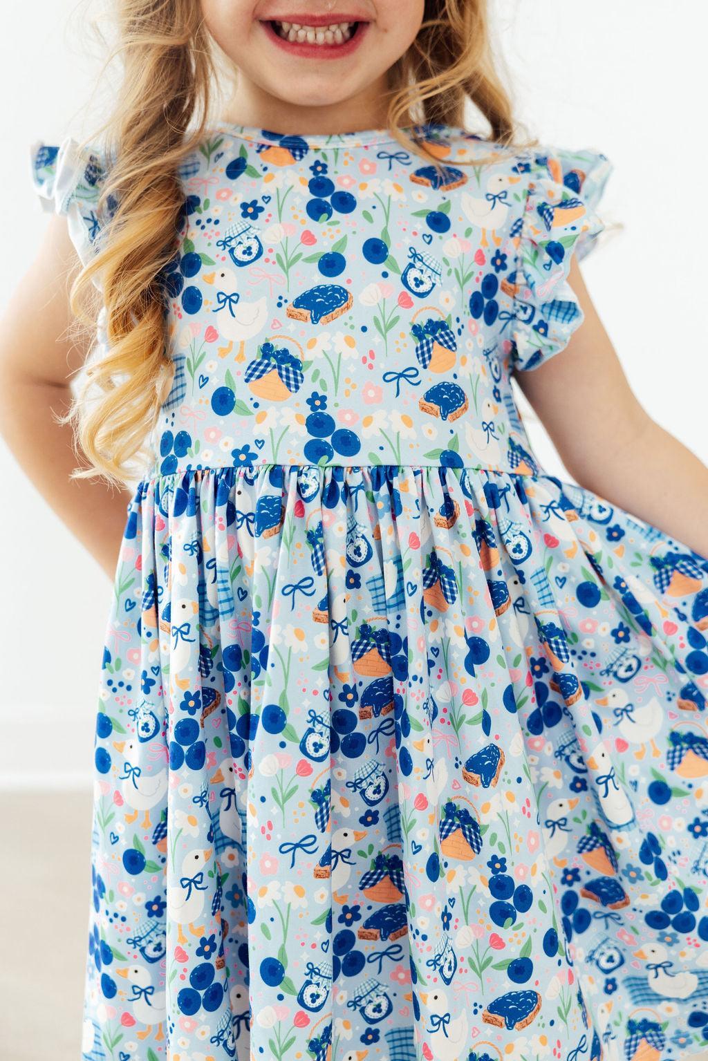 Blueberry Picnic Flutter Sleeve Twirl Dress - Aaria Tees Aaria Tees