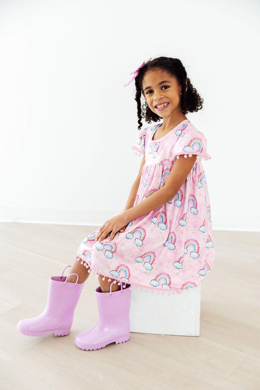 Sparkling Rainbows Pom Pom Dress - Aaria Tees Aaria Tees