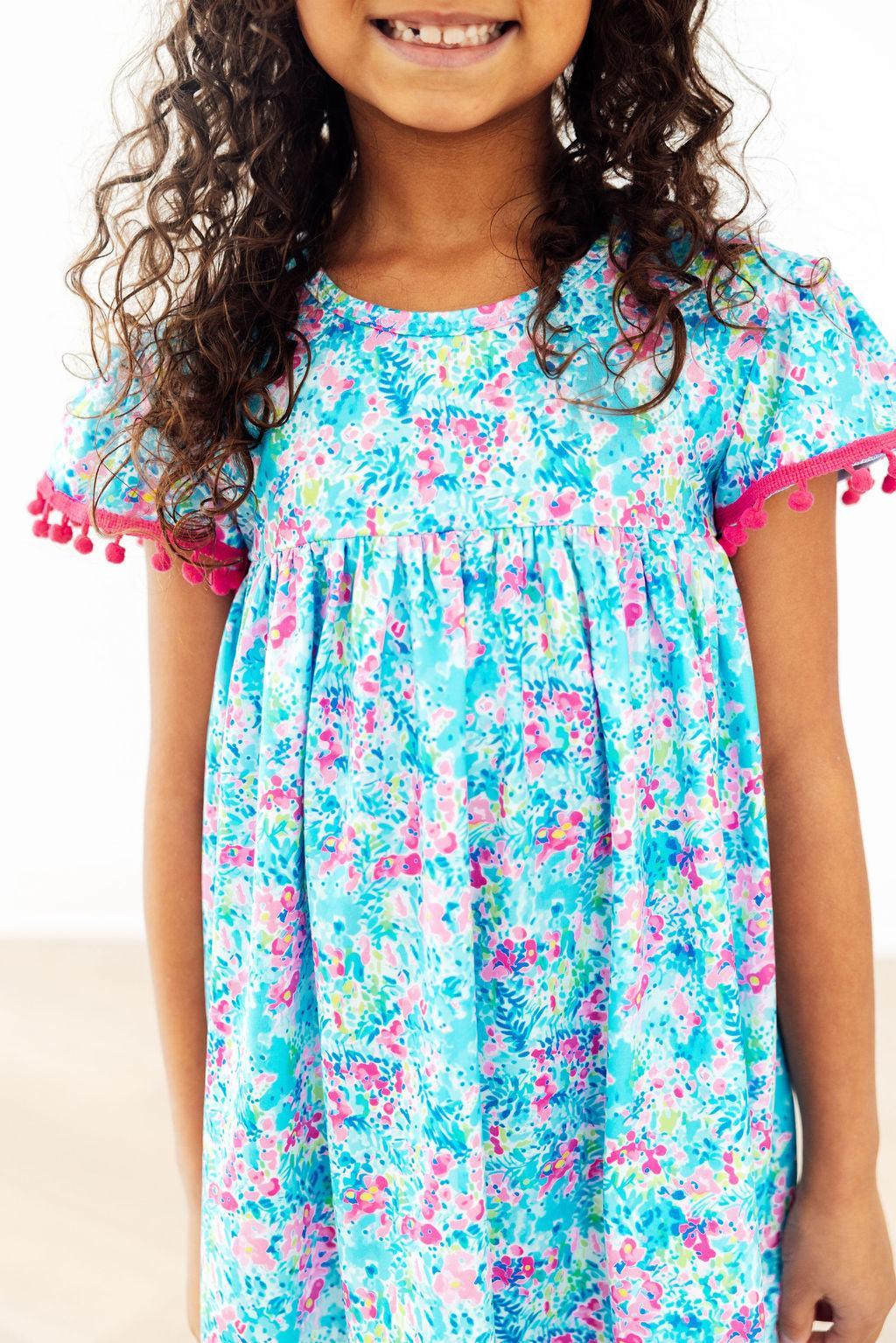 Aqua Garden Pom Pom Dress - Aaria Tees