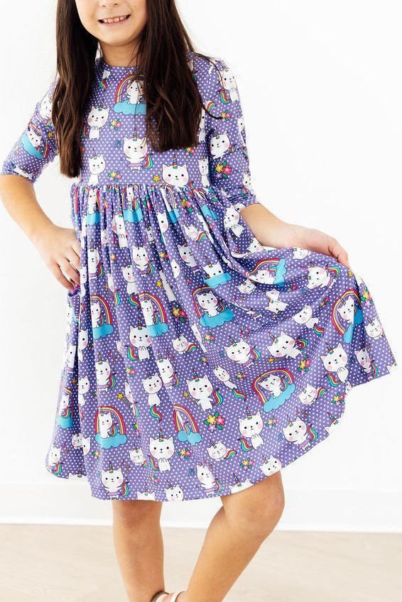 Kitties in the Clouds 3/4 Sleeve Pocket Twirl Dress - Aaria Tees Aaria Tees