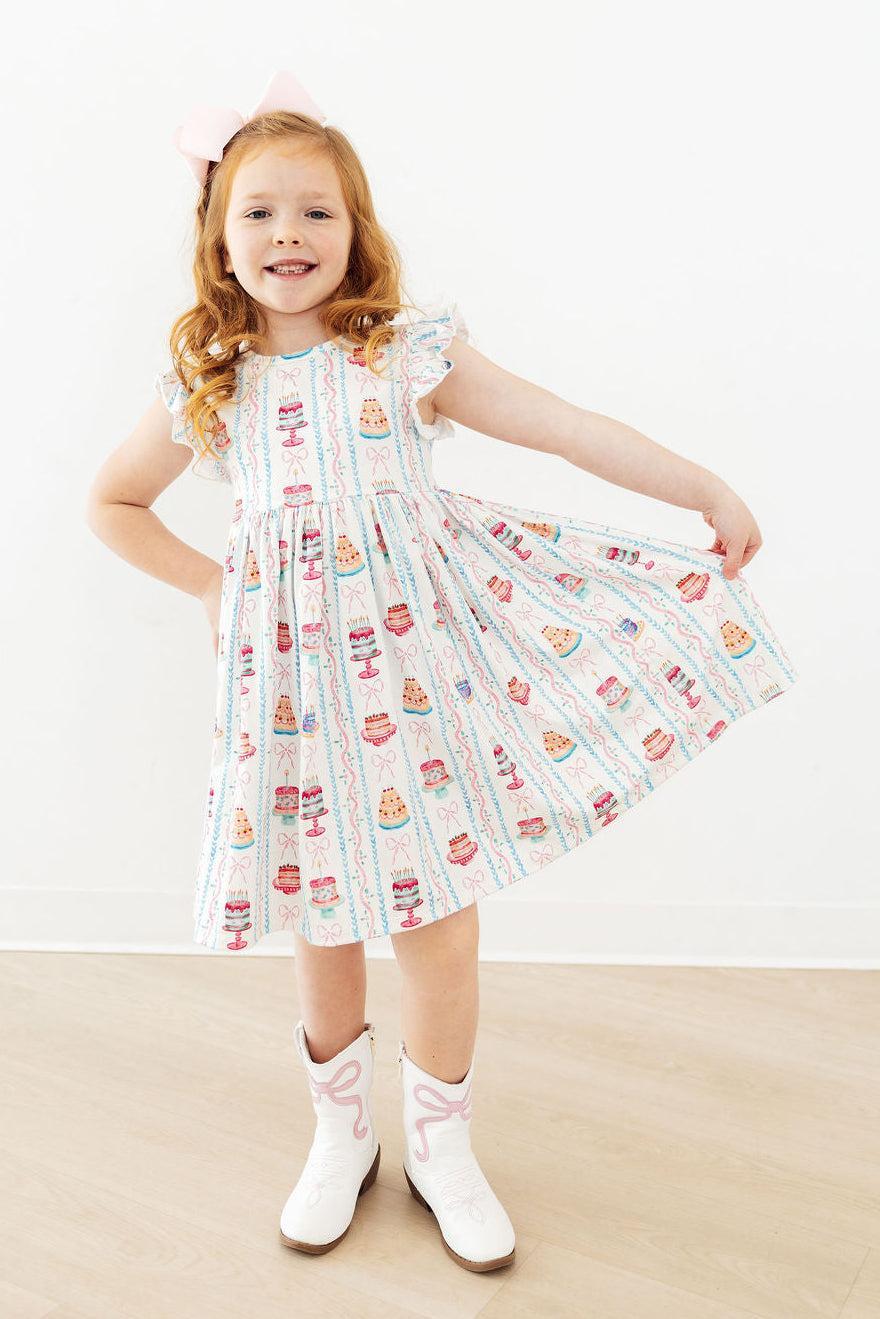 Birthday Cakes Flutter Sleeve Twirl Dress - Aaria Tees Aaria Tees