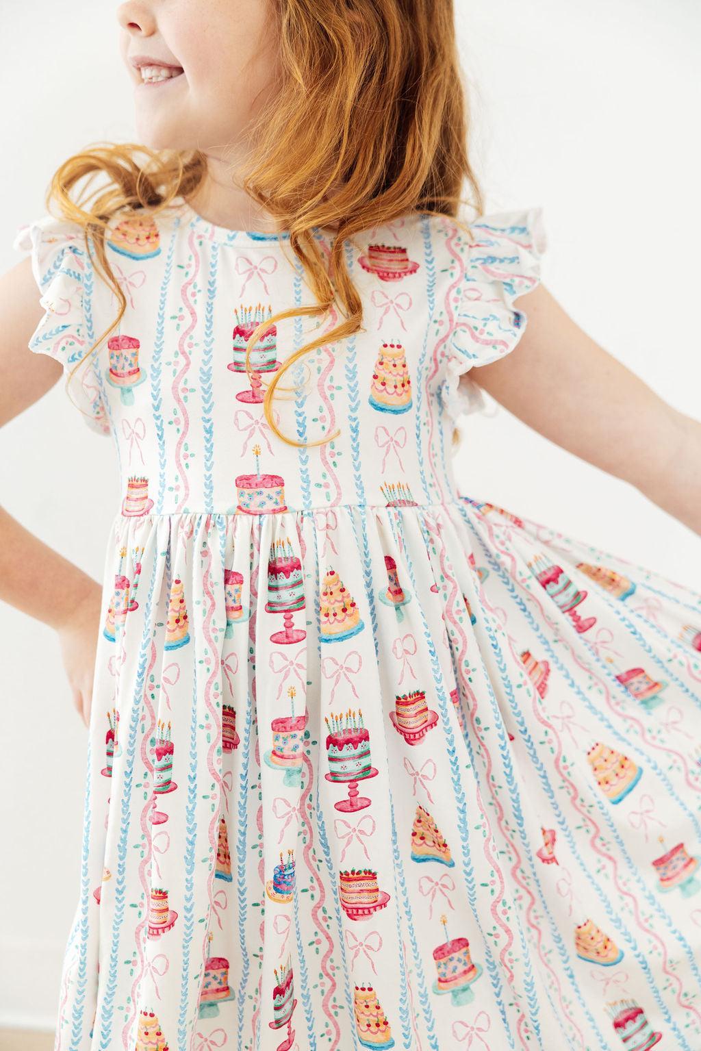 Birthday Cakes Flutter Sleeve Twirl Dress - Aaria Tees