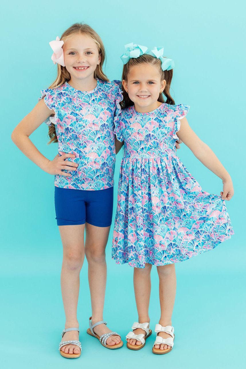 Seaside Shells Flutter Sleeve Twirl Dress - Aaria Tees Aaria Tees