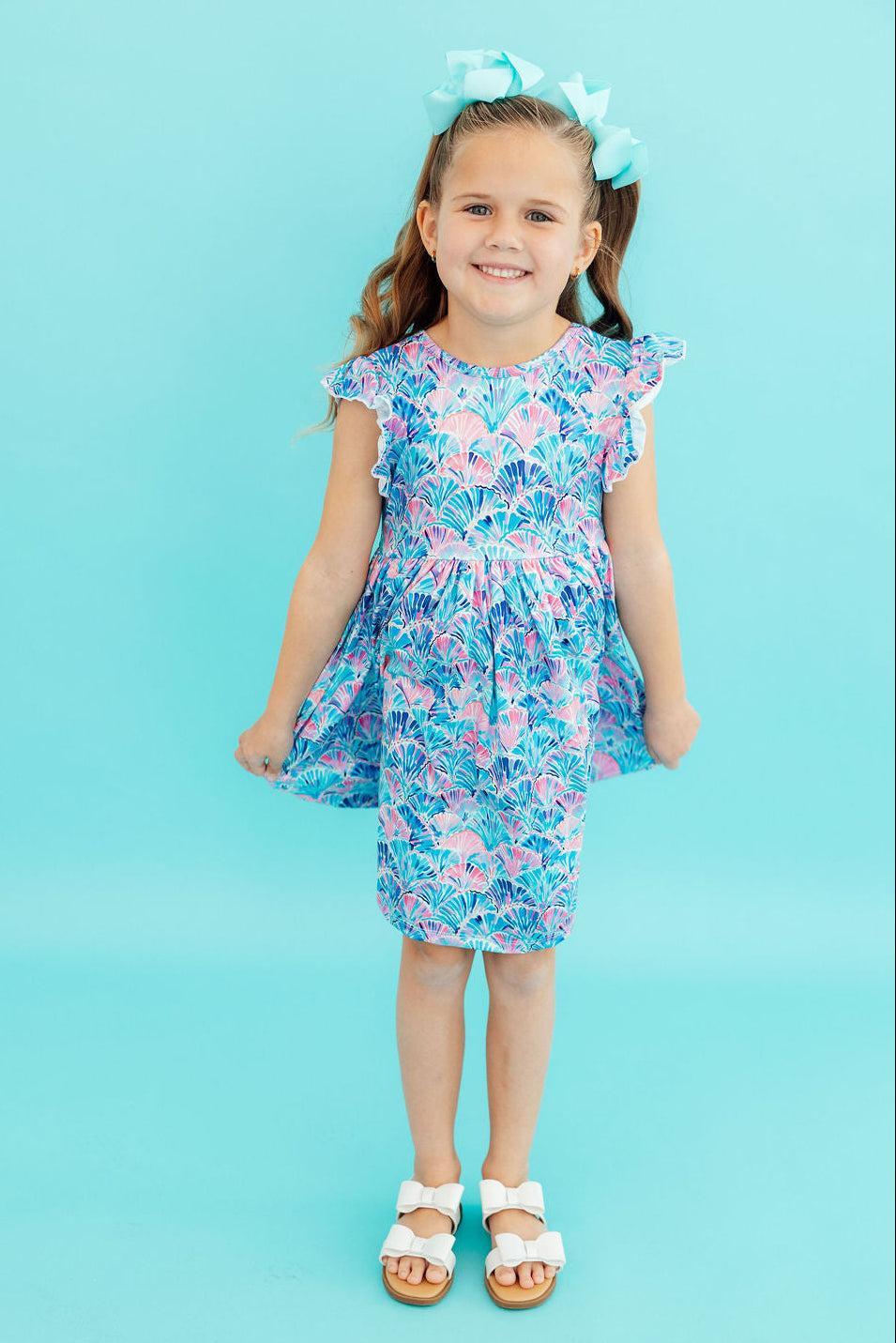 Seaside Shells Flutter Sleeve Twirl Dress - Aaria Tees Aaria Tees