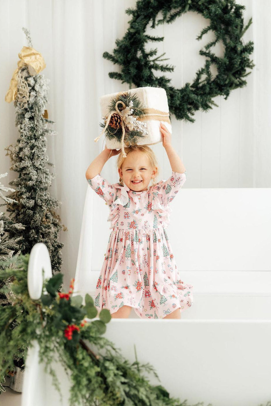 Pink Christmas 3/4 Sleeve Ruffle Twirl Dress - Aaria Tees Aaria Tees