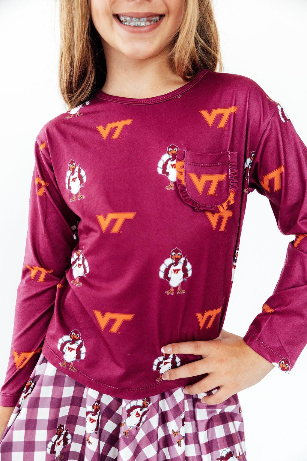 Virginia Tech Maroon Hokie L/S Ruffle Pocket Tee - Aaria Tees Aaria Tees