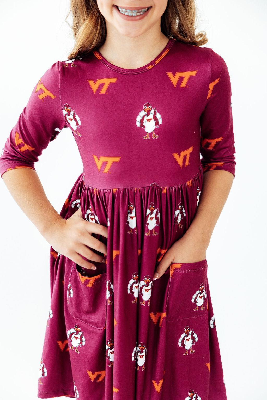 Virginia Tech Maroon Hokie 3/4 Sleeve Pocket Twirl Dress - Aaria Tees Aaria Tees