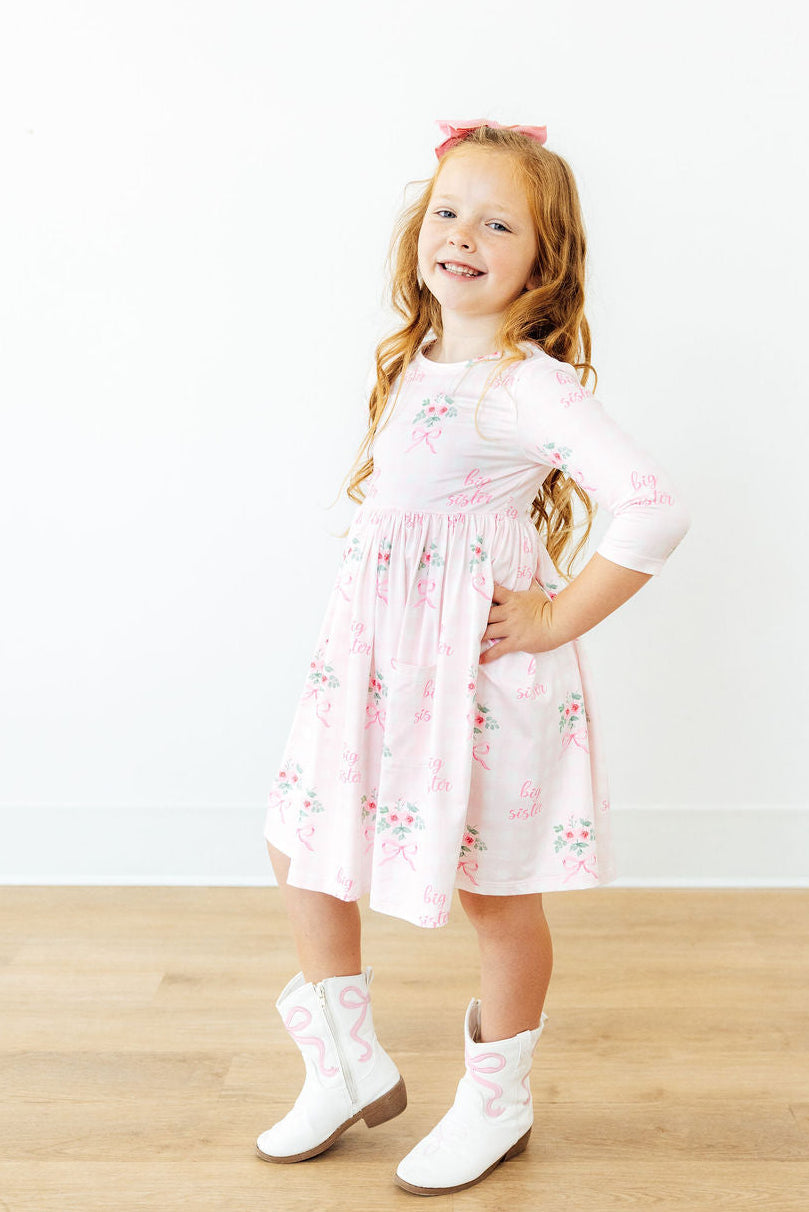 Big Sister Floral 3/4 Sleeve Pocket Twirl Dress - Aaria Tees Aaria Tees