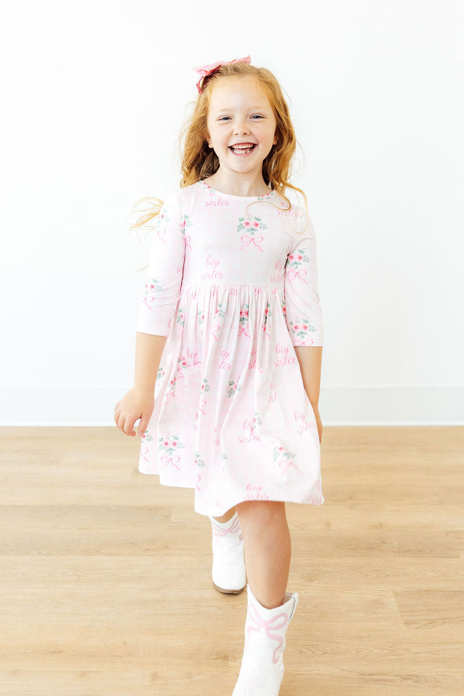 Big Sister Floral 3/4 Sleeve Pocket Twirl Dress - Aaria Tees Aaria Tees