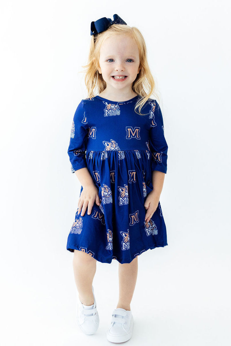 Montana State University Blue Bobcat 3/4 Sleeve Pocket Twirl Dress - Aaria Tees Aaria Tees