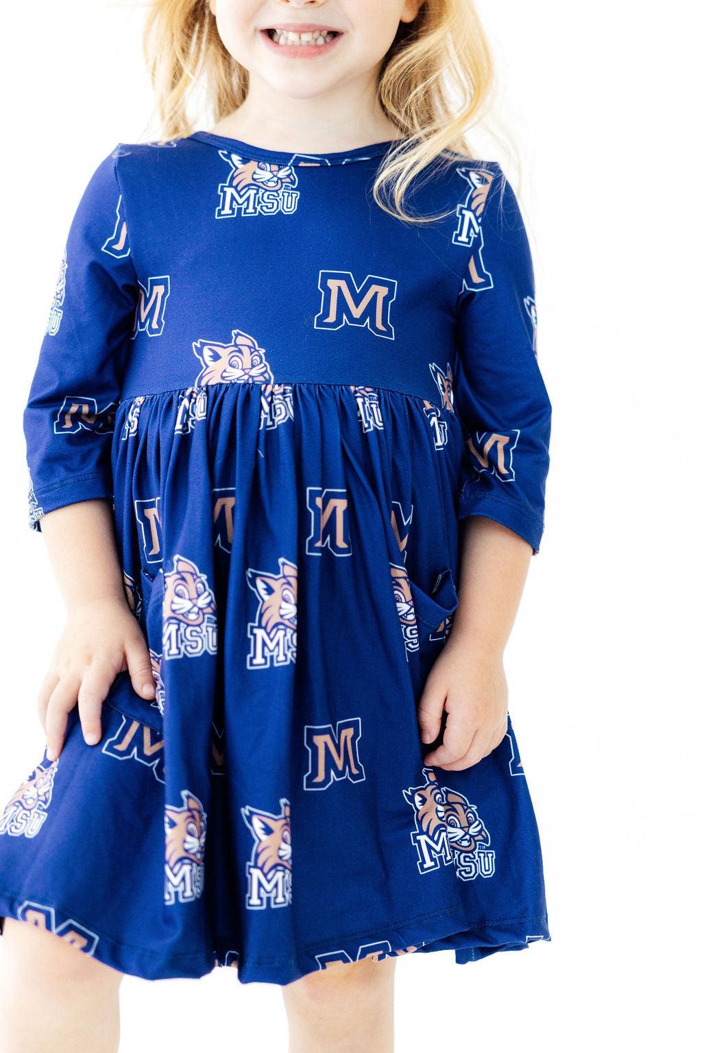 Montana State University Blue Bobcat 3/4 Sleeve Pocket Twirl Dress - Aaria Tees Aaria Tees