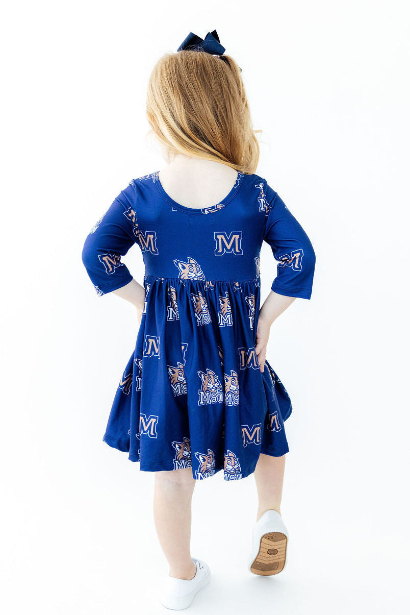 Montana State University Blue Bobcat 3/4 Sleeve Pocket Twirl Dress - Aaria Tees Aaria Tees
