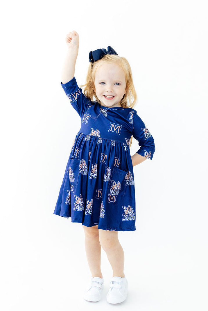 Montana State University Blue Bobcat 3/4 Sleeve Pocket Twirl Dress - Aaria Tees Aaria Tees