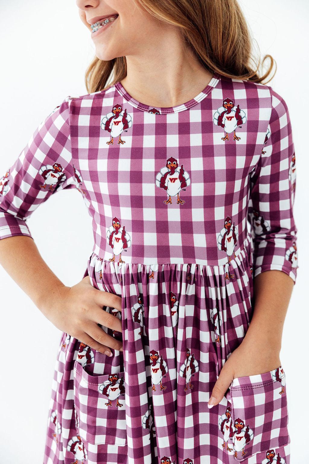 Virginia Tech Plaid Hokie 3/4 Sleeve Pocket Twirl Dress - Aaria Tees