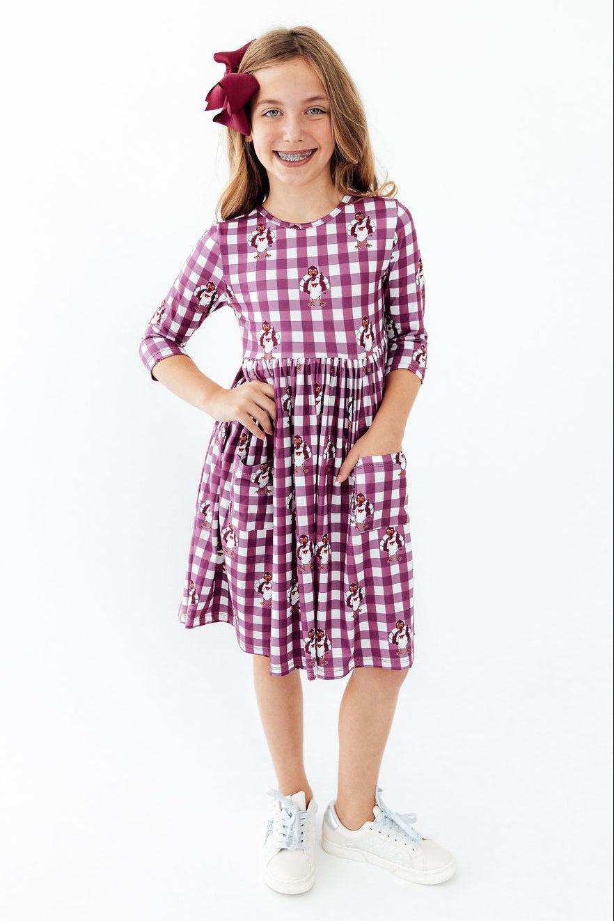 Virginia Tech Plaid Hokie 3/4 Sleeve Pocket Twirl Dress - Aaria Tees Aaria Tees