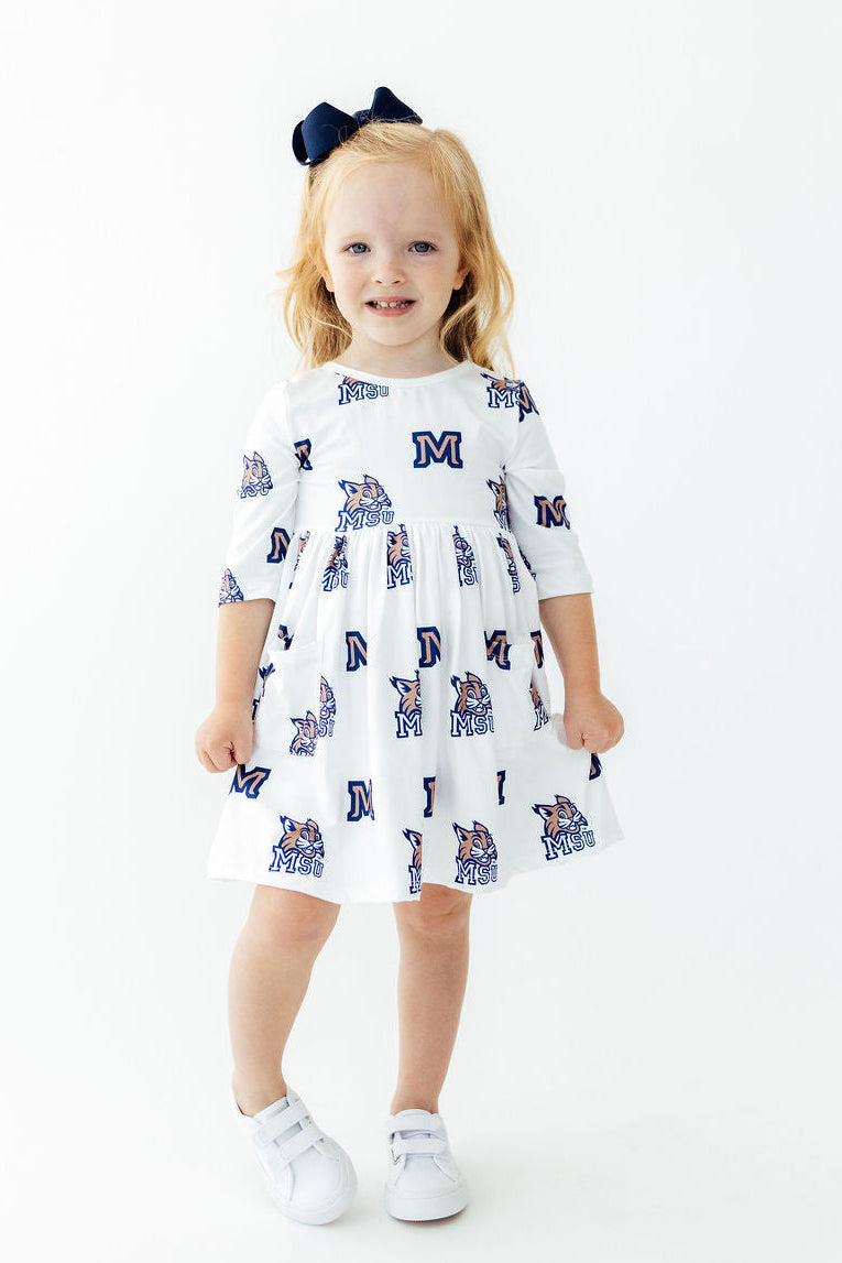 Montana State University White Bobcat 3/4 Sleeve Pocket Twirl Dress - Aaria Tees Aaria Tees