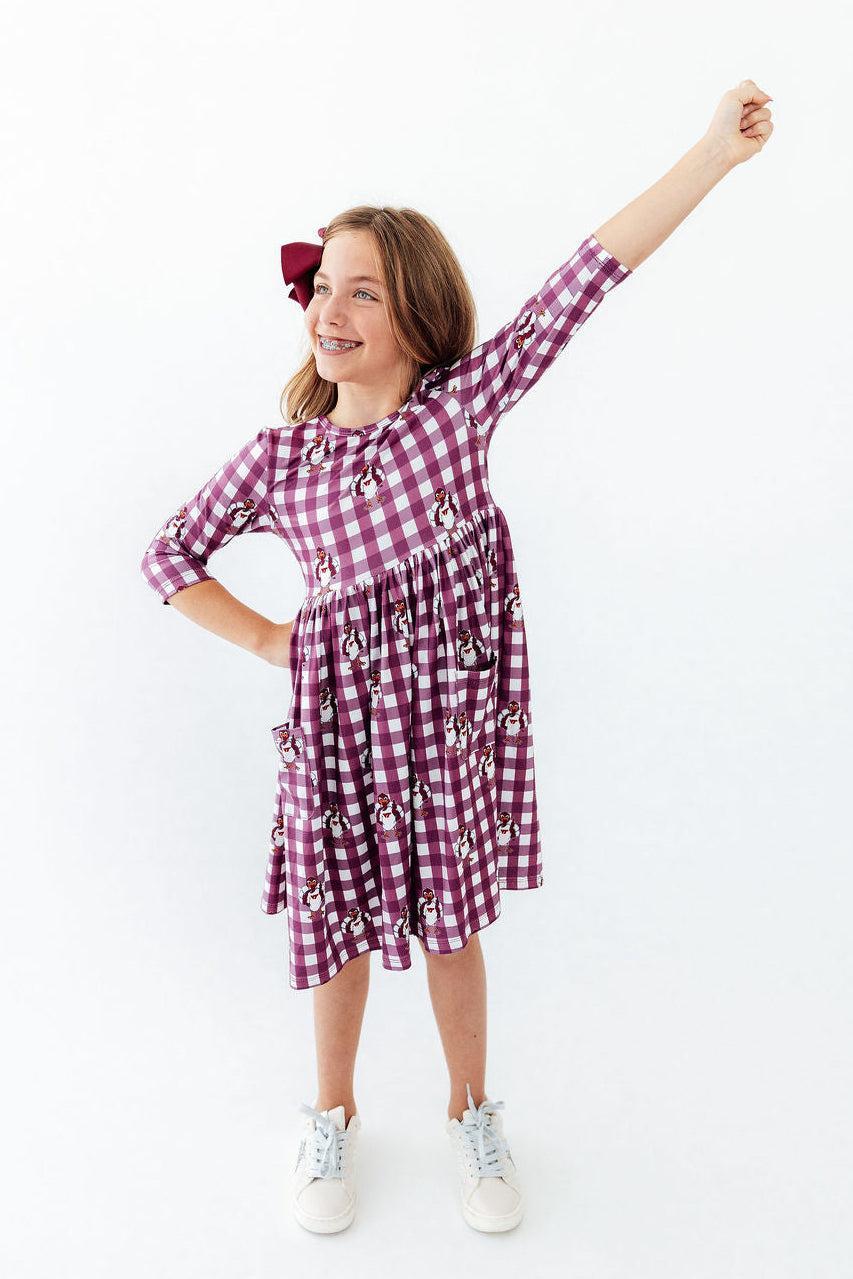 Virginia Tech Plaid Hokie 3/4 Sleeve Pocket Twirl Dress - Aaria Tees Aaria Tees