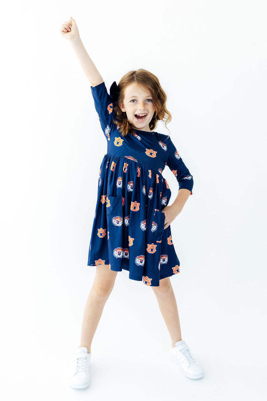 Auburn Blue Aubie 3/4 Sleeve Pocket Twirl Dress - Aaria Tees