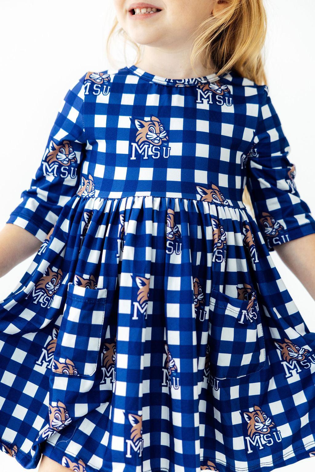 Montana State University Plaid Bobcat 3/4 Sleeve Pocket Twirl Dress - Aaria Tees Aaria Tees