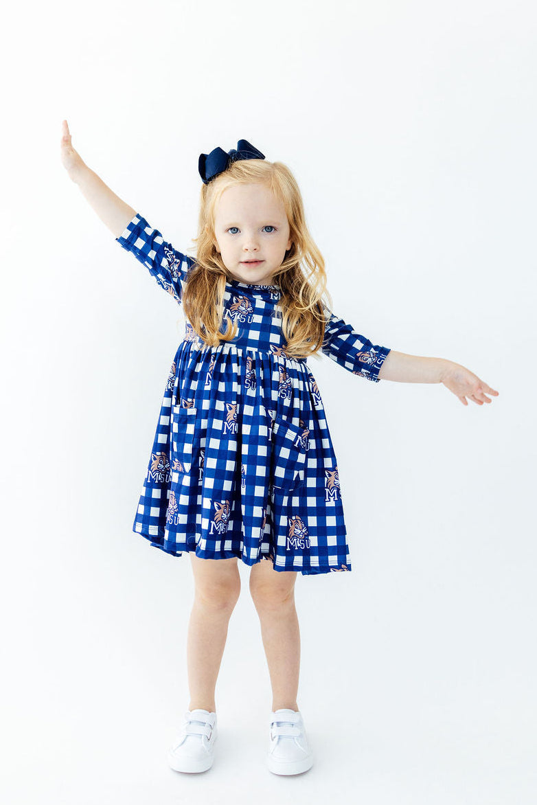 Montana State University Plaid Bobcat 3/4 Sleeve Pocket Twirl Dress - Aaria Tees Aaria Tees