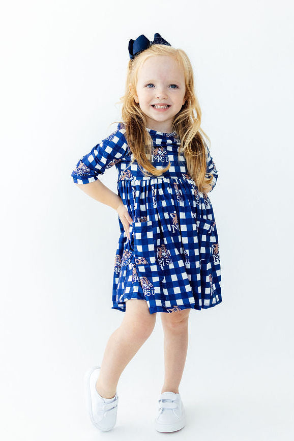 Montana State University Plaid Bobcat 3/4 Sleeve Pocket Twirl Dress - Aaria Tees Aaria Tees