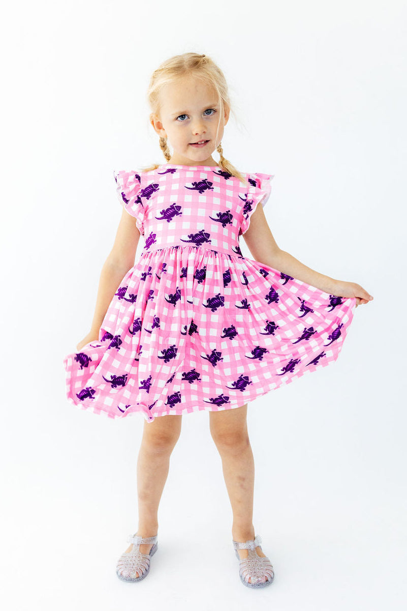 TCU Pink Gingham Frog Flutter Twirl Dress - Aaria Tees Aaria Tees