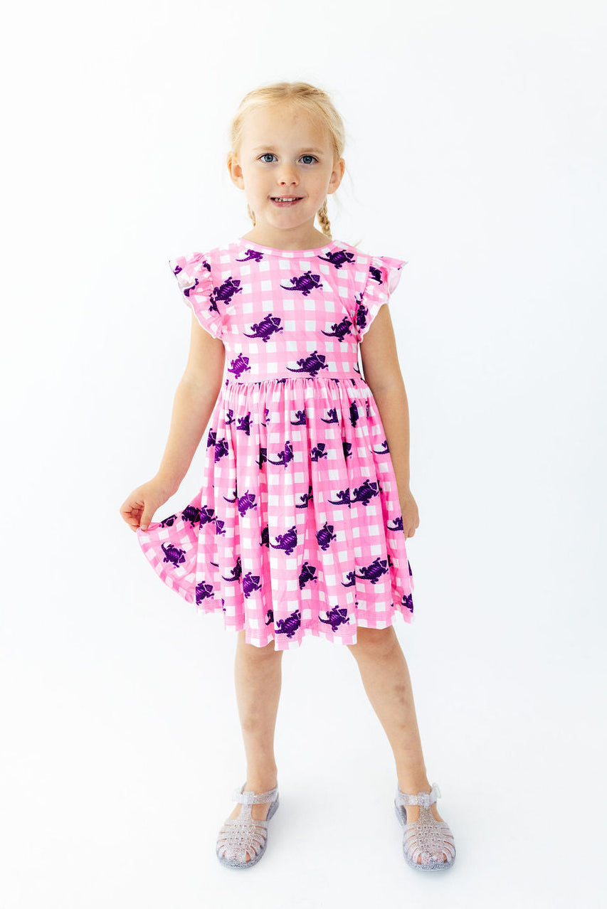 TCU Pink Gingham Frog Flutter Twirl Dress - Aaria Tees Aaria Tees