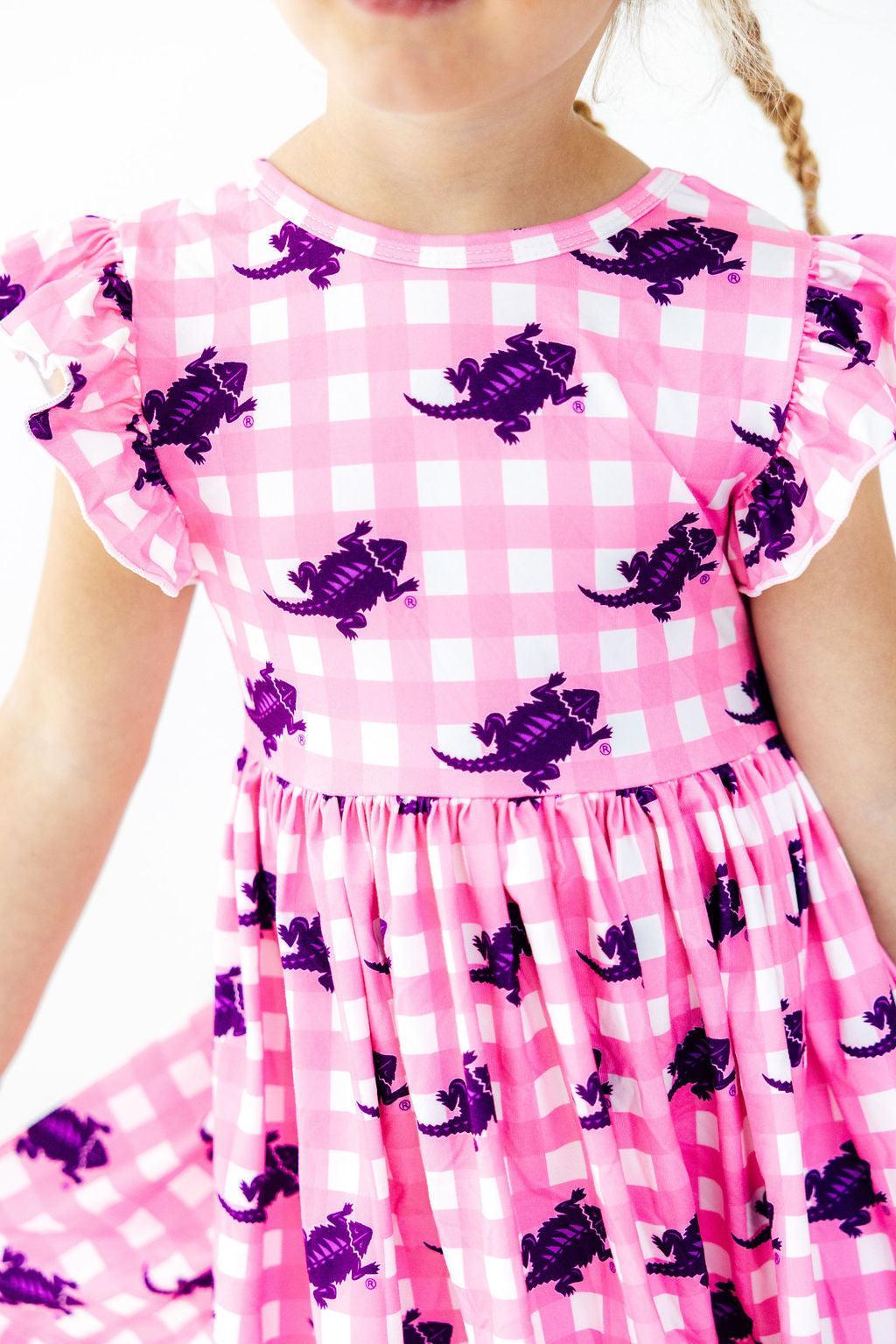TCU Pink Gingham Frog Flutter Twirl Dress - Aaria Tees Aaria Tees