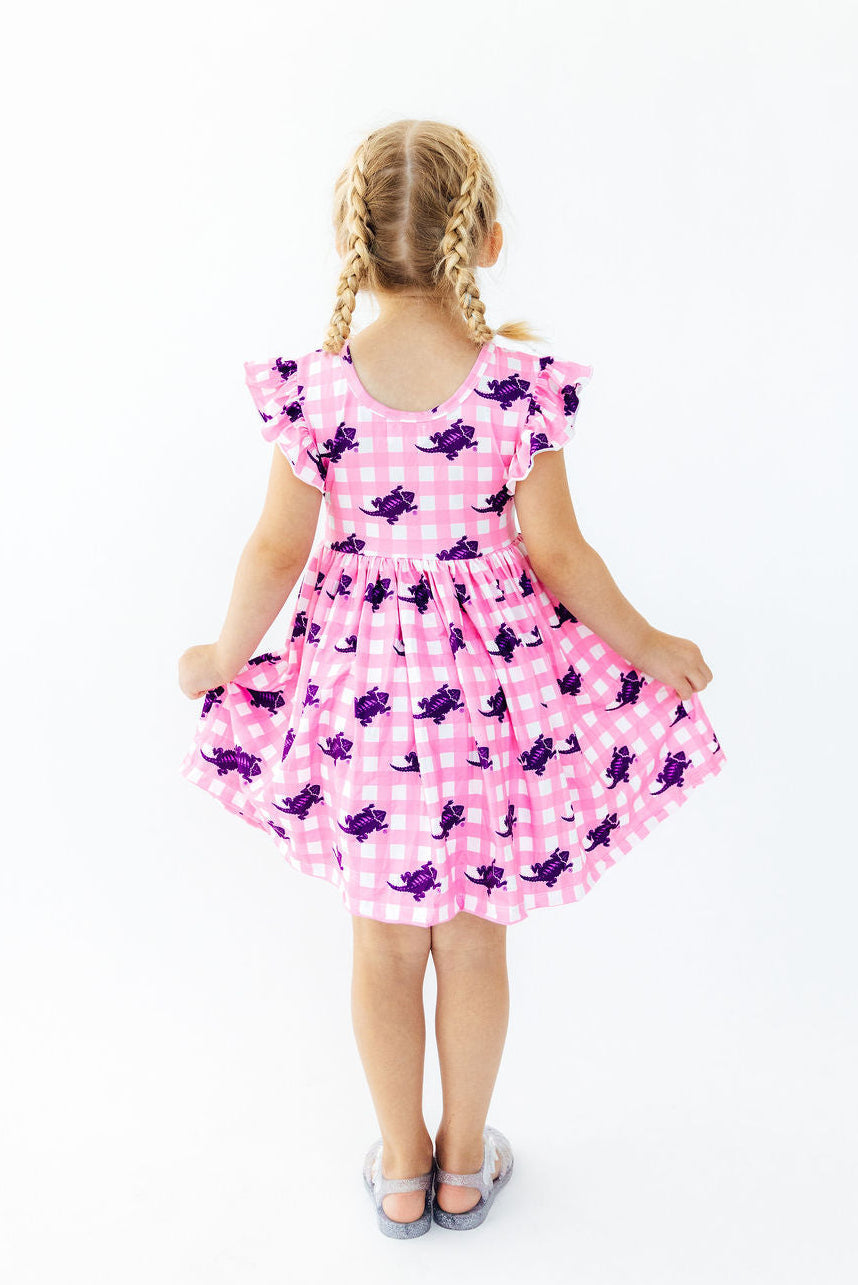 TCU Pink Gingham Frog Flutter Twirl Dress - Aaria Tees Aaria Tees