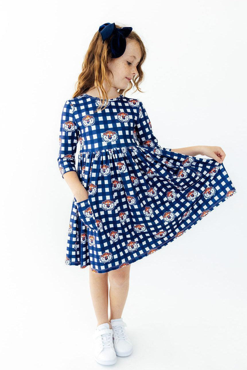Auburn Plaid Aubie 3/4 Sleeve Pocket Twirl Dress - Aaria Tees Aaria Tees
