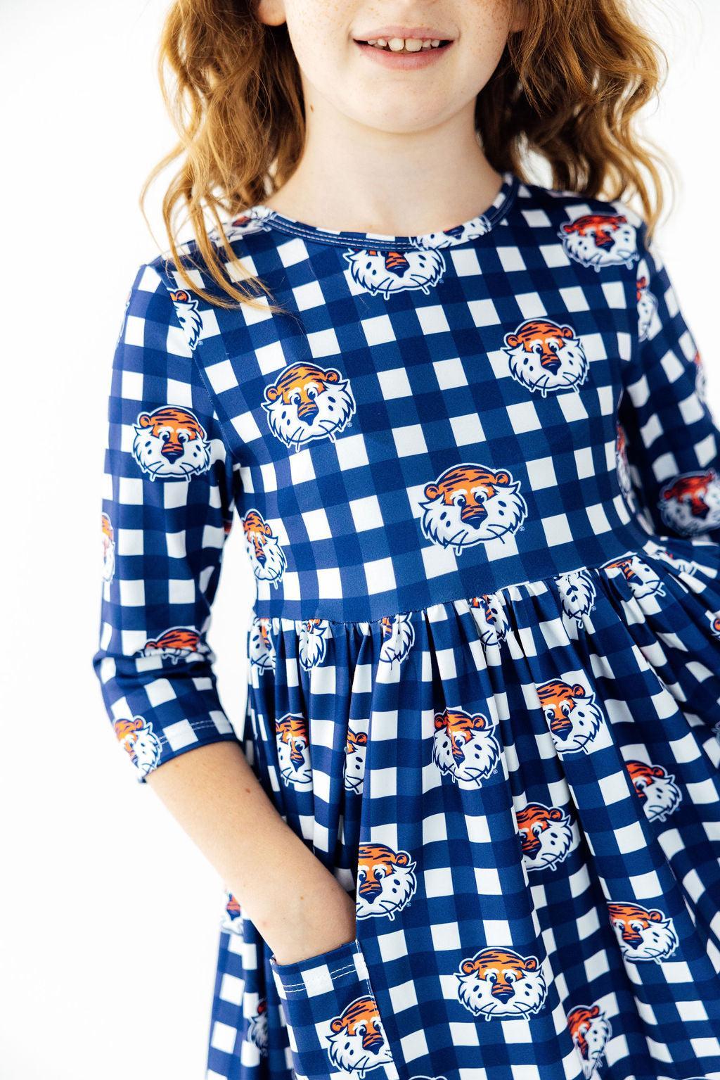 Auburn Plaid Aubie 3/4 Sleeve Pocket Twirl Dress - Aaria Tees Aaria Tees