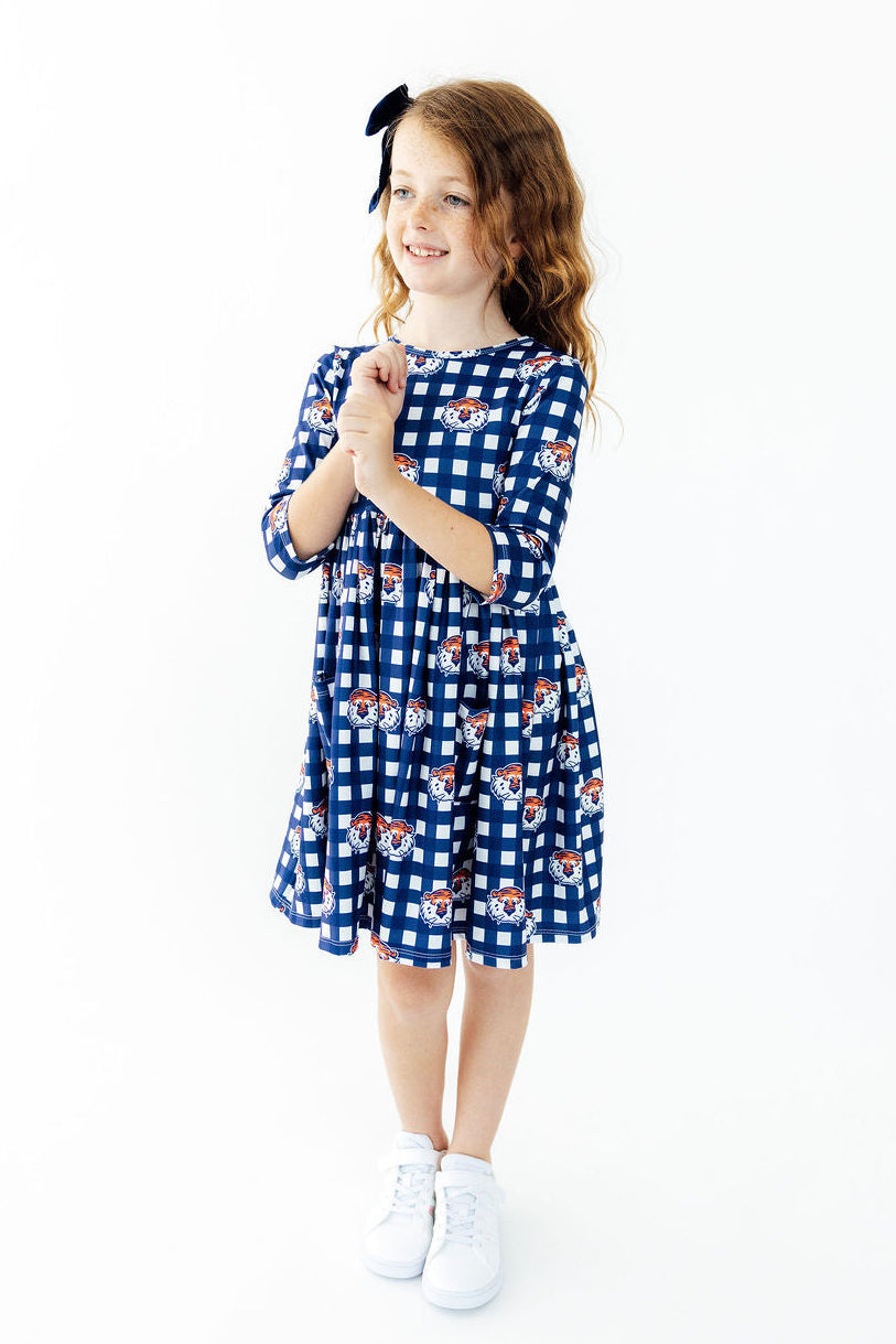 Auburn Plaid Aubie 3/4 Sleeve Pocket Twirl Dress - Aaria Tees Aaria Tees