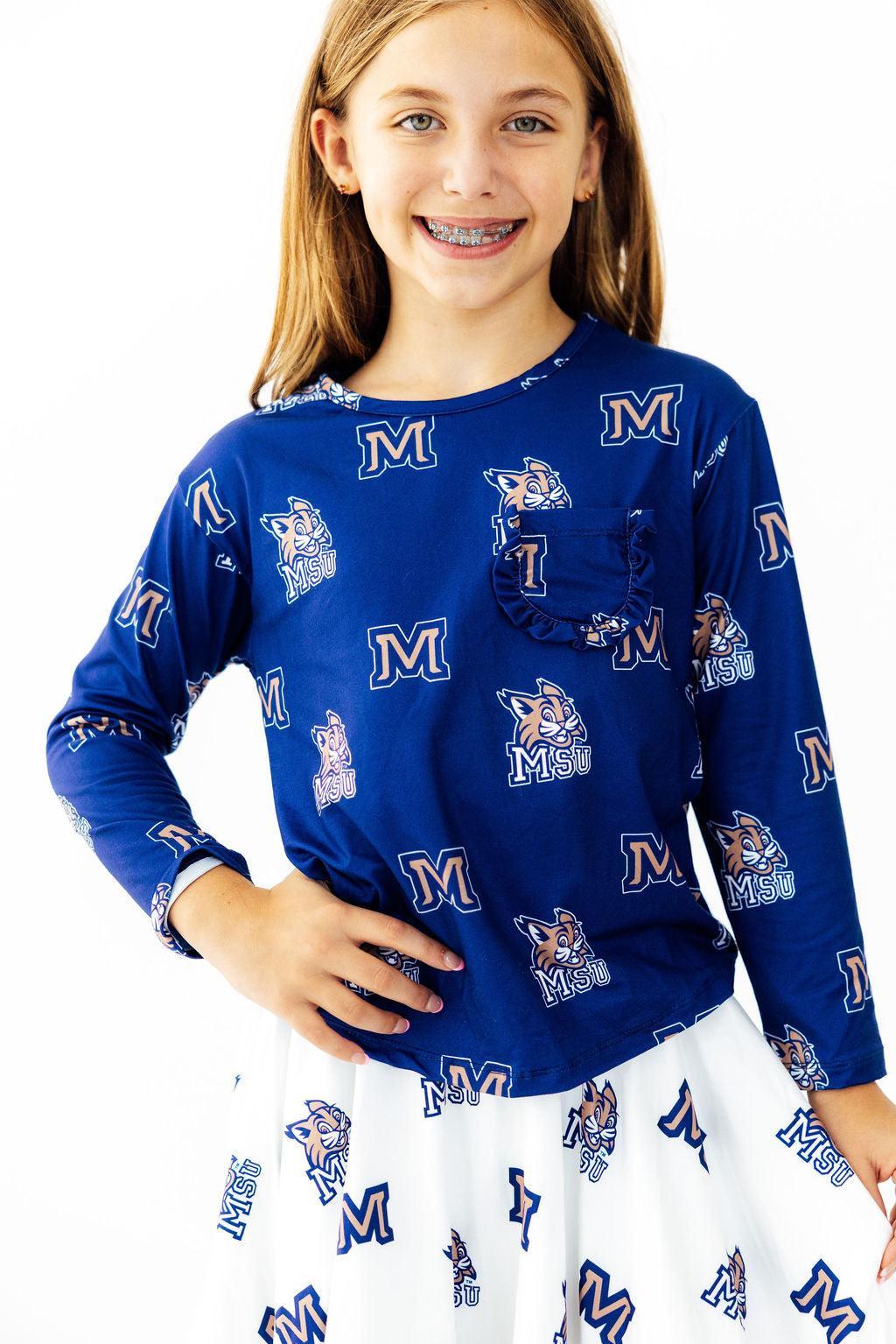 Montana State University Blue Bobcat L/S Ruffle Pocket Tee - Aaria Tees Aaria Tees
