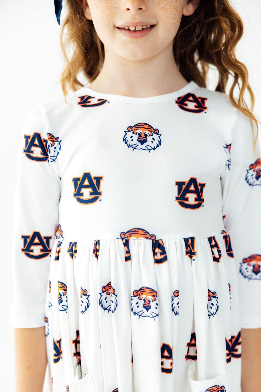 Auburn White Aubie 3/4 Sleeve Pocket Twirl Dress - Aaria Tees Aaria Tees