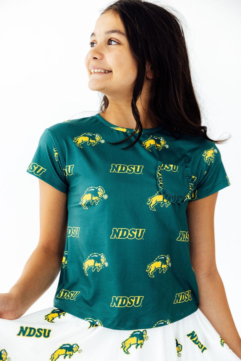 North Dakota State University Green Bison Ruffle Pocket Tee - Aaria Tees Aaria Tees