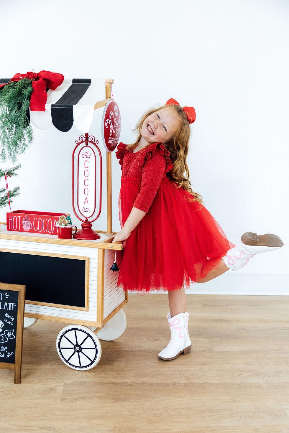 Red Shimmer 3/4 Sleeve Tutu Dress - Aaria Tees