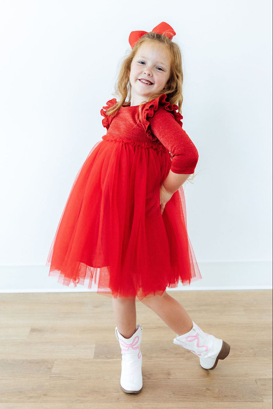 Red Shimmer 3/4 Sleeve Tutu Dress - Aaria Tees Aaria Tees